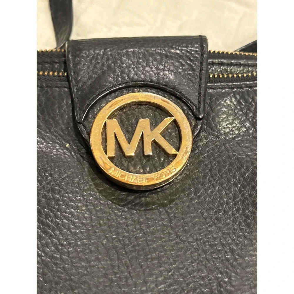 Michael Kors Fulton Crossbody Bag Black Pebbled Leather Gold MK Logo Small Purse